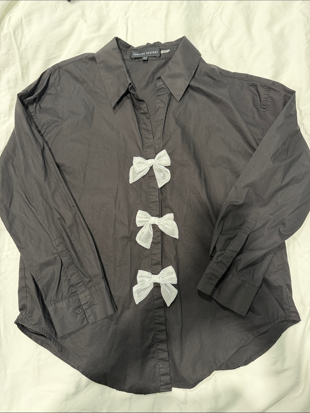 English Factory Black Button-Down Shirt with White Bow Accents